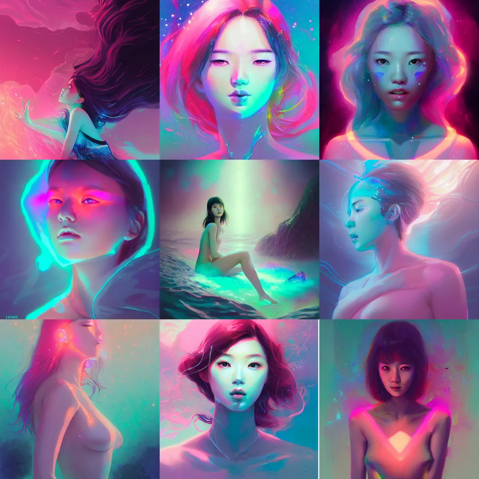 Prompt: holographic lee jin - eun emerging from pink bioluminescent wave by greg rutkowski, artgerm, ross tran, conrad roset, takato yomamoto, rule of thirds, seductive look, beautiful