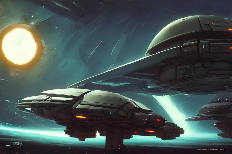 Image similar to a spaceship, in the style of Homeworld and Mechwarrior. in the background there is a black hole with swirling plasma. scifi,artstation, futuristic,artstation, Chris Foss,raphael lacoste, andreas rocha, john harris