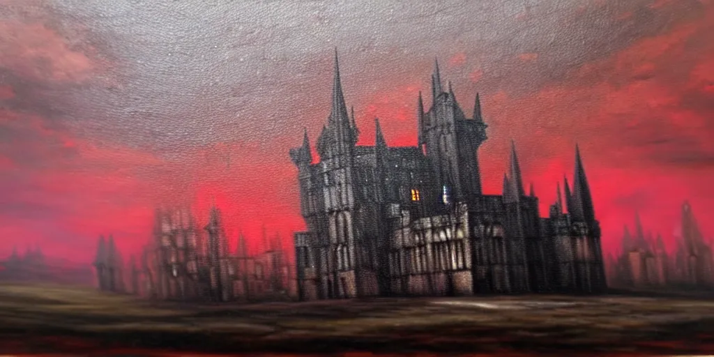 Image similar to a beautiful and gothic castle in the distance. Red sky. Dark ambient. Gothicpunk. Detailed oil on canvas. Art in style of Frances Ann Hopkins. High definition