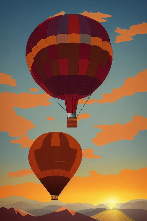 Prompt: sunrise mountain water hot - air balloon illustration vector digital art trending on artstation