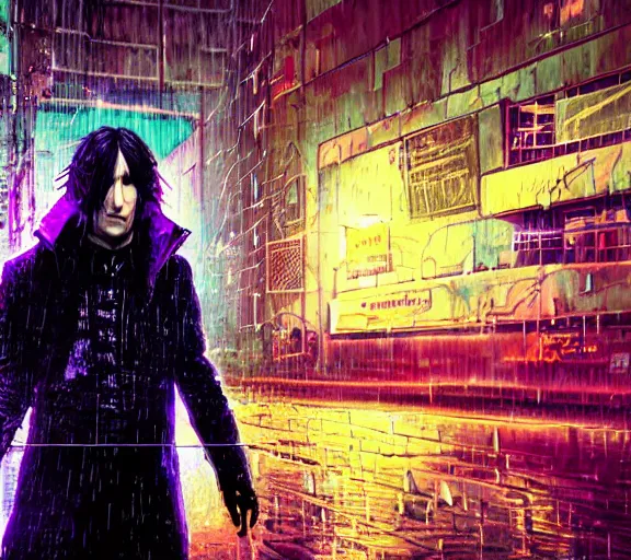 Image similar to an epic fantasy comic book style full body portrait painting of a very beautiful synthwave cyberpunk industrial goth trent reznor as snape in the rain, neon reflections in the rain puddles, character design by mark ryden and pixar and hayao miyazaki, unreal 5, daz, hyperrealistic, octane render, cosplay, rpg portrait, dynamic lighting, intricate detail, cinematic