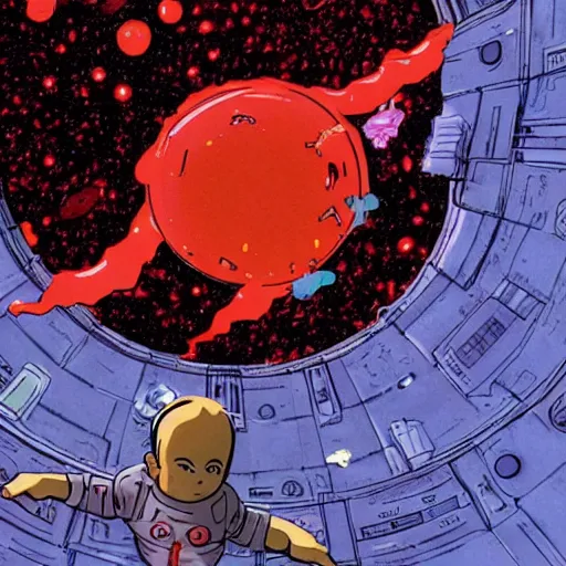 Prompt: boy floating through space reaching into an interdimensional wormhole from the film akira