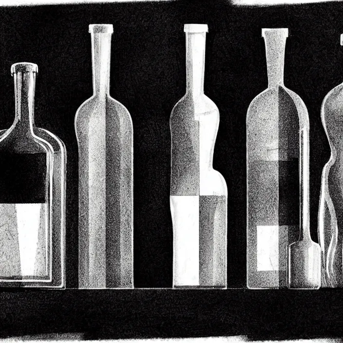 Image similar to extreme close - up on a table : poor quality bottles of different shapes and tones, fruits. background : black tiles on walls. black and white, pencil and ink. by gabriel hardman, joe alves, chris bonura. cinematic atmosphere, detailed and intricate, perfect anatomy