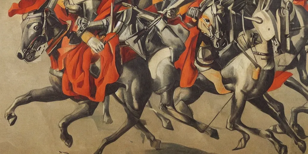 Image similar to italian futurism styled painting of a medieval knight cavalry charge