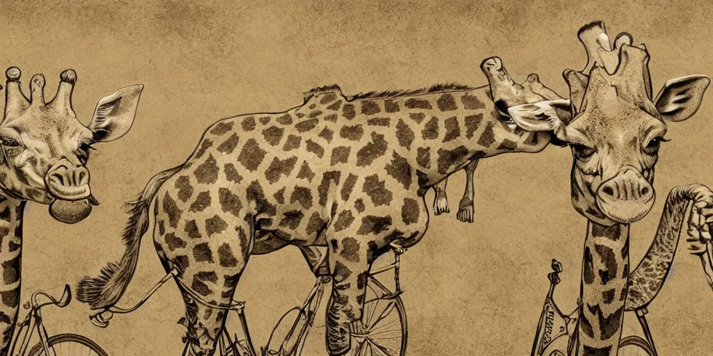 Image similar to giraffe pig hybrids riding bicycles, sepia toned illustration