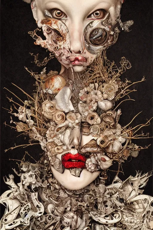 Image similar to Detailed maximalist portrait with large lips and wide white eyes, angry expression, HD mixed media collage, highly detailed and intricate, surreal, illustration in the style of Caravaggio and James Jean, dark art, baroque