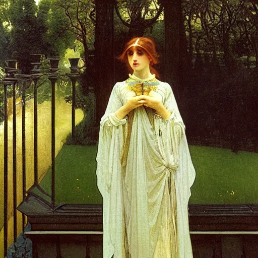 Image similar to A girl with on the front of a Balustrade porch with a hedge maze on the background, major arcana occult clothes, by paul delaroche, alphonse mucha and arnold böcklin arnold böcklin hyperrealistic 8k, very detailed