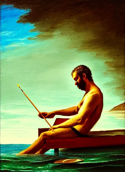 Image similar to self portrait of a painter painting himself on a raft in the ocean