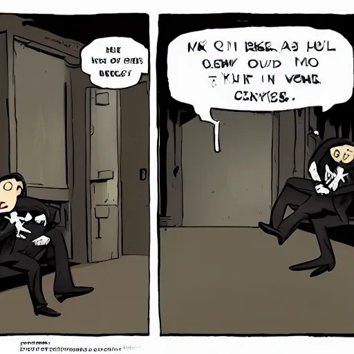 Prompt: a sloth dressed in a suit is standing in an office. Comic by Mike mignola