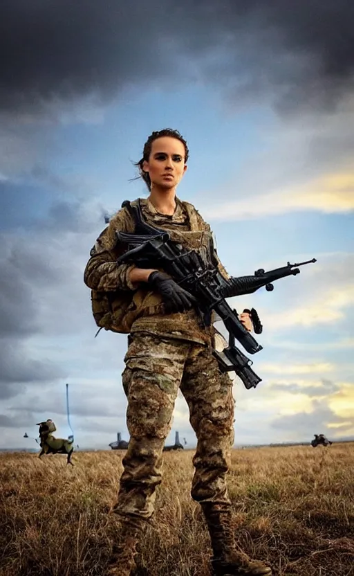 Image similar to highly detailed, high resolution, war footage, stunning, real world, real sunset, in the middle of the battlefield, a girls half nathalie portman half jessica alba, frontline style, bokeh soft, 100mm, trending on instagram, by professional photographer, featuring picciolina airsoftgirl, realistic human anatomy, realistic military carrier, soldier clothing, modern warfare, realistic handgun