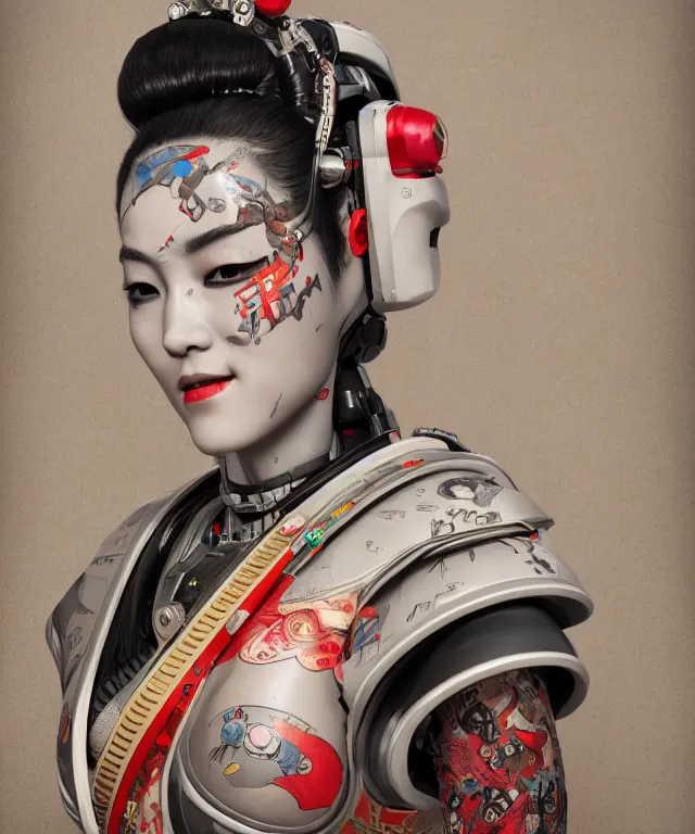 Image similar to an epic fantastic realism comic book style portrait painting of a japanese robotic geisha with kanji tattoos and decals, apex legends, octane render, intricate detail, 4 k hd, unreal engine 5