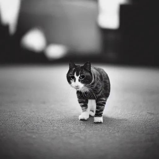 Prompt: a black and white out of focus film photo of a cat