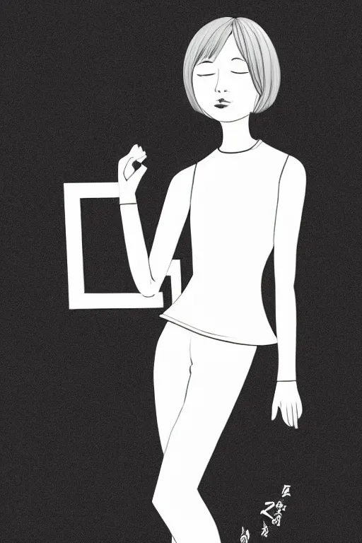 Image similar to portrait of a girl in long pants and a top, hands in pockets, eyes closed, bob haircut, digital art, black and white, illustration by roro kurotani