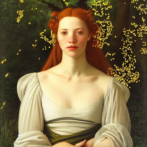 Prompt: portrait of a happy young woman, among the lights of golden fireflies and nature, long loose red hair, intricate details, green eyes, hint of freckles, round gentle face, gorgeous dress, deep focus, smooth, sharp, golden ratio, hyper realistic digital art by artemisia lomi gentileschi and caravaggio and artgerm