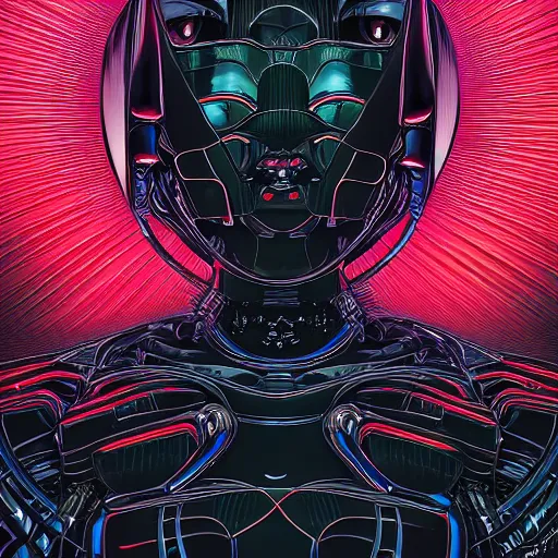 Prompt: portrait closeup of black reflective glossy dark beautiful woman robot, sensual pose, symmetrical, by yoichi hatakenaka, masamune shirow, josan gonzales and dan mumford, ayami kojima, takato yamamoto, barclay shaw, karol bak, yukito kishiro, moebius