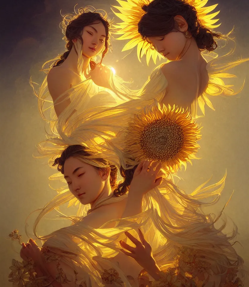 Image similar to sacred sunflowers, mongolian goddess, emiting mystical light, intricate, elegant, highly detailed, my rendition, digital painting, artstation, concept art, smooth, sharp focus, radiant light, illustration, art by artgerm and greg rutkowski and alphonse mucha