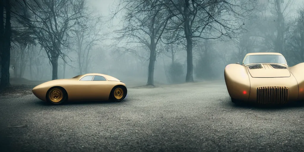 Image similar to parked fallout 5, retro futuristic vintage polished sports car, fog, rain, volumetric lighting, beautiful, golden hour, sharp focus, highly detailed, cgsociety