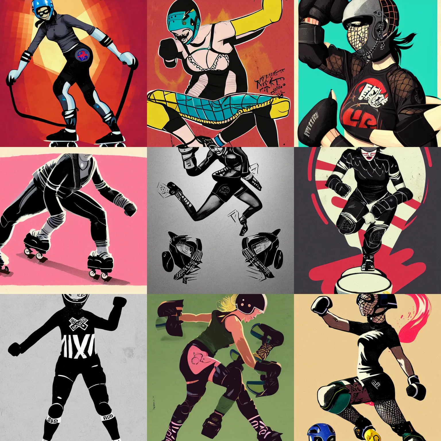 Prompt: logo design, roller derby girl sprinting Cross-Over, wearing skate helmet, knee pads, elbow pads,full length portrait, fishnet tights, torn, ripped, fists in the air, illustration by greg rutkowski and mcbess