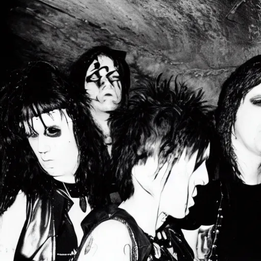 Image similar to punk band goths performing in a vast underground bunker, berlin 1 9 8 2, grainy high contrast black and white