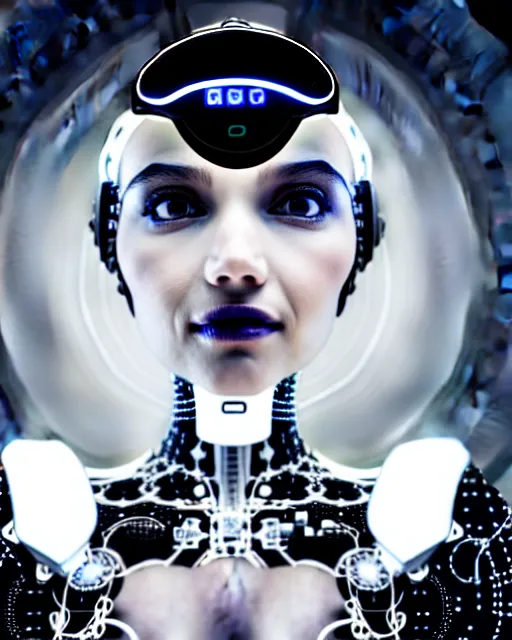 Prompt: black and white dreamy spiritual connected young female robot - cyborg high quality photo, microchip, artificial intelligence, bio - mechanical bio - luminescence, black wired cables, neurons, nerve cells, cinematic, rim light, photo - realistic, elegant, high detail, 8 k, masterpiece, high fashion