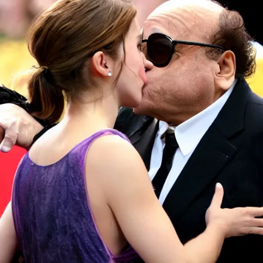 Prompt: danny devito and emma watson, french kissing, tongues, close up, deep