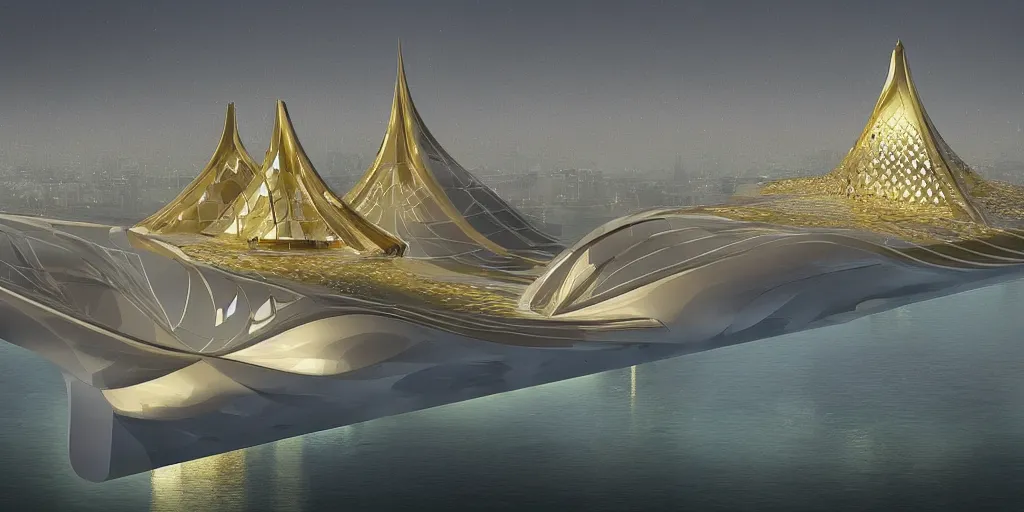 Image similar to mosque floating spaceship by zaha hadid, golds fantasy world