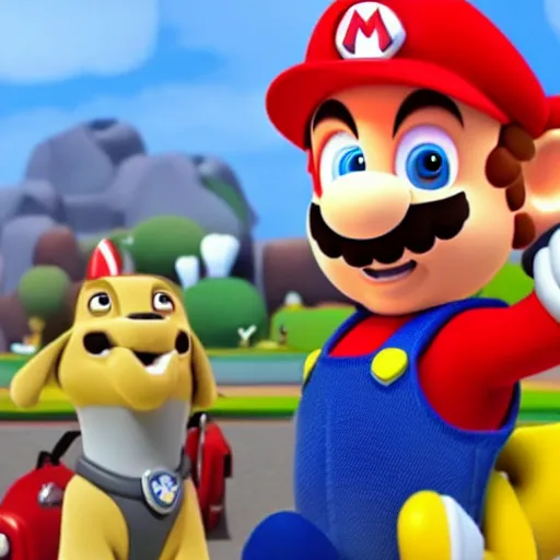 Prompt: a still of mario in paw patrol, cgi, detailed,