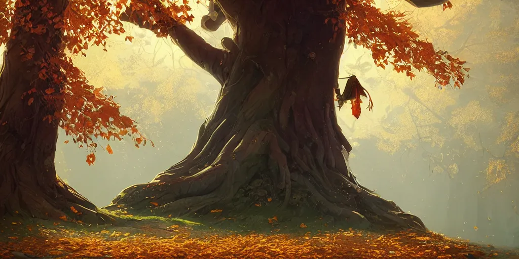 Image similar to a tall old tree with golden leaves, magnificent and sacred atmosphere, ilustration, characterized by roman shipunov, etienne hebinger, atey ghailan, cgsociety, cynical realism, fantasy art, 2 d game art
