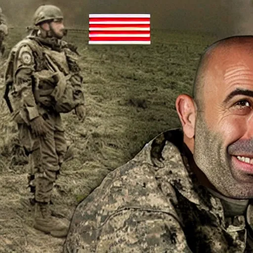 Image similar to an image of joe rogan smoking weed over the fallen enemy soldiers.