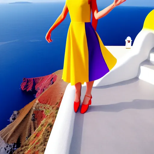 Image similar to beautiful modern dancer wearing a red and yellow and blue swirling dress, standing on a Santorini terrace looking down into the ocean, trending on Artstation, cinematic, octane render