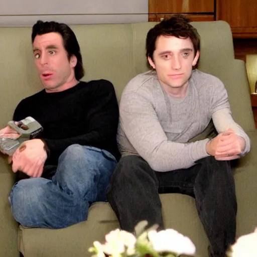 Image similar to john travolta and elijah wood sitting on a couch playing xbox ps 2