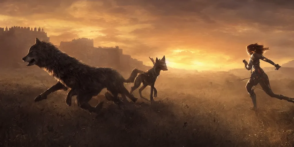 Image similar to a female knight running in the land of doom with a wolf, sunrise background, london, greg rutkowski