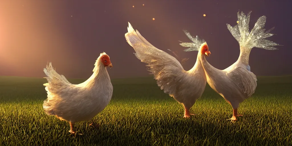 Image similar to magical sparkling chickens frolicking in a field, autumn, sparkles, light beams, photorealistic, hyperrealistic, 8 k, trending on artstation