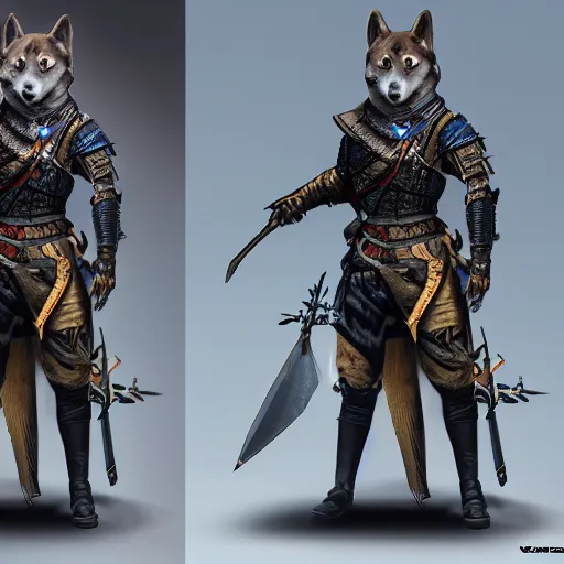 Image similar to wearing witcher 3 black armor, anthropomorphic shiba inu, shiba inu face, stuning 3 d render, masterpiece, glowing aura, by donato giancola and greg rutkowski and wayne barlow and zdzisław beksinski, realistic face