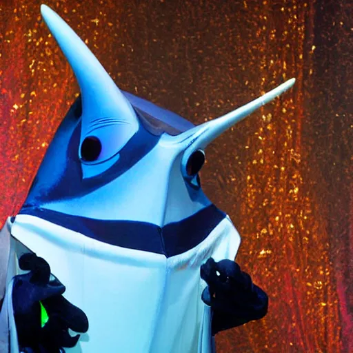 Image similar to a new shy manta ray character, in the style of the muppets, it is a manta ray character with manta ray fins, designed by beetlejuice the musical on broadway, real, photograph, cinematic