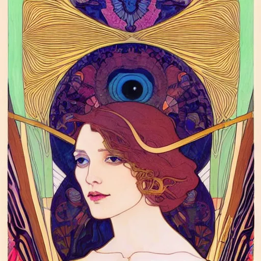 Image similar to The Goddess of Art, beautiful eyes, symmetrical face, paint, ink, palettes, spectrum, in the style of Joshua Middleton, Mucha, Kandinsky