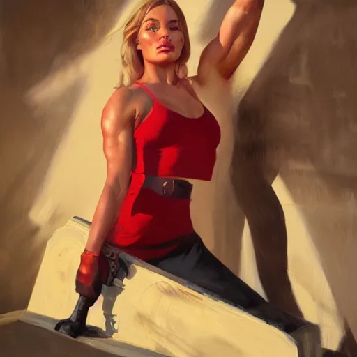 Prompt: greg manchess portrait of margot robbie as thick female bodybuilder lara croft wearing red dress, epic grimdark, fantasy, medium shot, asymmetrical, profile picture, organic painting, sunny day, matte painting, bold shapes, hard edges, street art, trending on artstation, by huang guangjian and gil elvgren and sachin teng