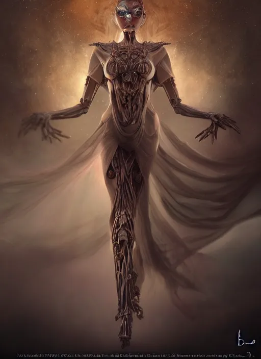 Image similar to epic portrait of menacing and proud yet stunningly beautiful biomechanical djinn overseeing the iridescent fabric of the universe, by charlie bowater, mandy jurgens, gustav klimt, octane render, dramatic camera angle, 4k, 8k, high detail, HDR, by tom bagshaw, powerful, with inspiration from Beksinski, inspired by greek goddess Athena