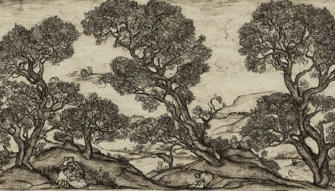 Image similar to a couple sits on a hill overlooking a river, wind blown trees, pen and ink, 1 5 0 0 s, 8 k resolution