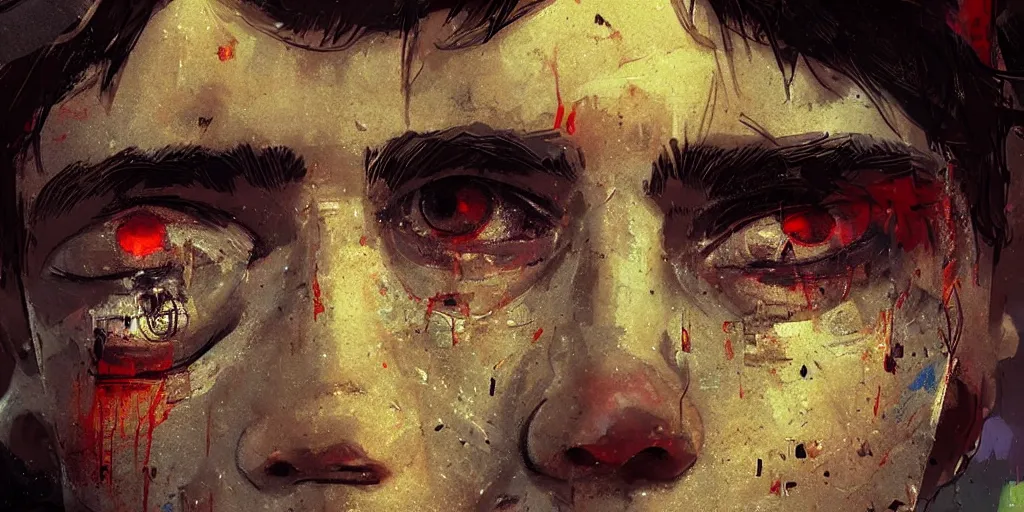 Image similar to extreme closeup on the eyes of a neon guard boy with short dark hair in front of a dystopian crowd with piles of garbage by Ismail inceoglu dragan bibin hans thoma, Perfect face, fine details, realistic shaded, fine-face, pretty face