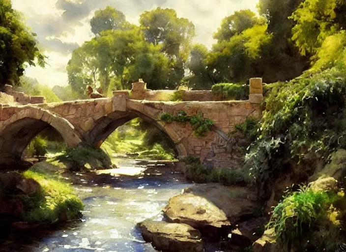 Image similar to watercolor of rustic stone bridge with mural, ivy, summer daylight, bright clear day, clouds, high detailed art by dennis miller bunker, work by anders zorn, wonderful masterpiece by greg rutkowski, beautiful cinematic light, american romanticism by greg manchess, creation by tyler edlin