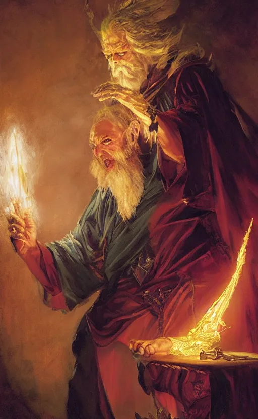 Prompt: Wizard casting a powerful spell by Adrian Smith and Delphin Enjolras and Daniel F. Gerhartz