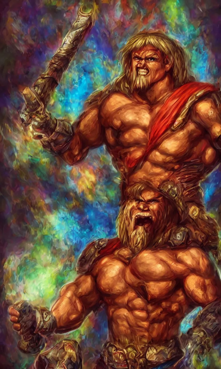 Image similar to hyper realistic half body portrait of heman, vivid color scheme