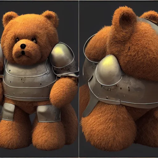 Prompt: 3 d render, octane, redshift, fur, teddy bear wearing medieval knight armor, cgsociery, featured in artstation