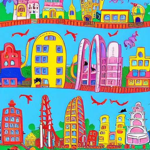 Image similar to fanciful city filled with curvy buildings, by dr seuss, towers, platforms, arches, bridges, stairs, colorful kids book illustration