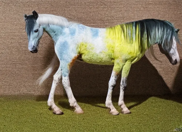 Prompt: photo of a hybrid between a horse and a budgerigar