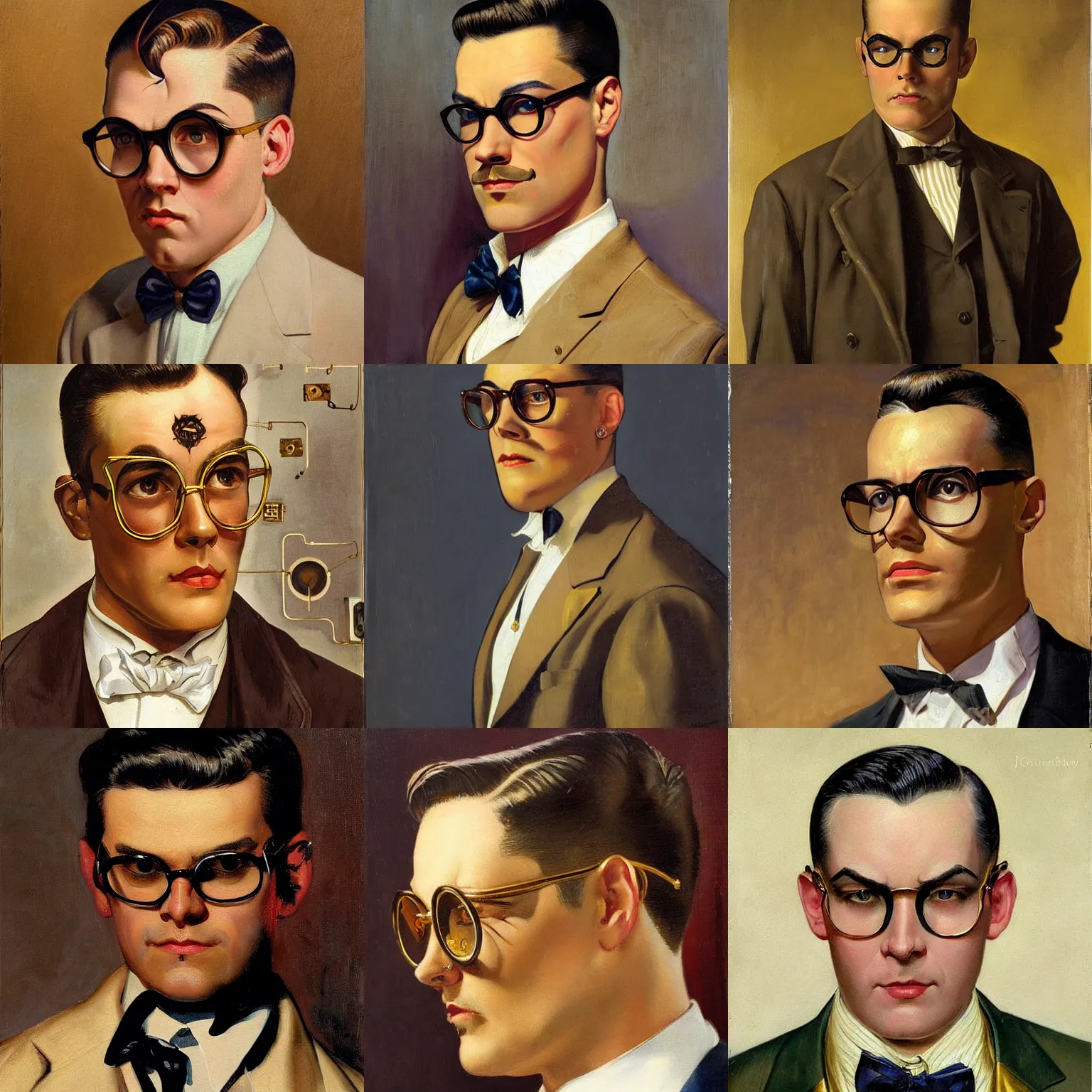 Prompt: french man with an undercut, wearing a suit and glasses, gold tattoo in the shape of circuitry on his forehead, full color painting by j. c. leyendecker
