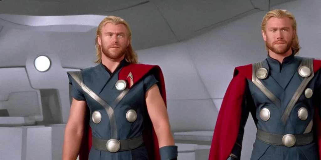 Image similar to Thor, in starfleet uniform, in the role of Captain Kirk in a scene from Star Trek the original series