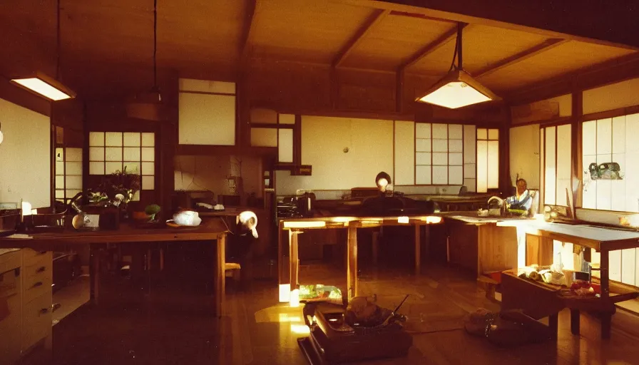 Prompt: 1 9 9 0 s candid 3 5 mm photo of a beautiful day in the family kitchen, cinematic lighting, a japanese pagoda temple breaks through the floor and scares the children, a pagoda is in the living room of a suburban house, cinematic look, golden hour, uhd