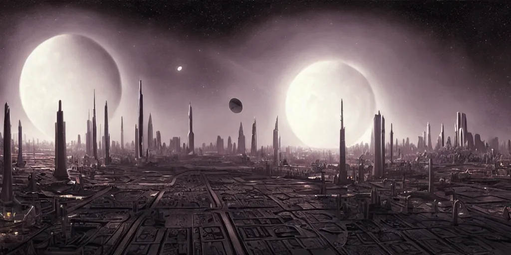 Image similar to planetary city, 2 moons on the horizon of different sizes,, intricate, highly detailed,, photorealistic, digital painting, artstation, illustration, concept art, smooth, sharp focus, by ansel adams and bernardo bellotto